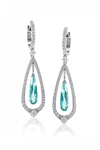 Pear shaped green tourmaline drop earrings surrounded by diamonds and precious metal