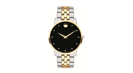 Silver and gold timepiece with a minimalist, black dial