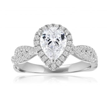 a pear-shaped diamond halo engagement ring with an intertwining band.