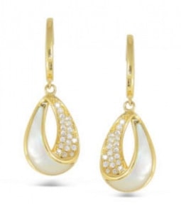 A pair of Frederic Sage earrings features mother-of-pearl and diamond gems.