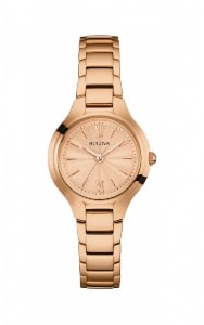 A rose gold plated stainless steel watch with a rose gold dial from Bulova.