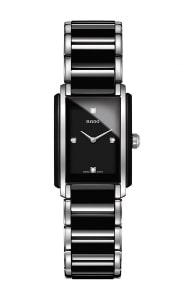 A Rado Integral rectangular watch with black stainless steel and diamond accents.