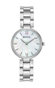 A stainless steel Bulova Classic women’s watch with a mother-of-pearl dial.