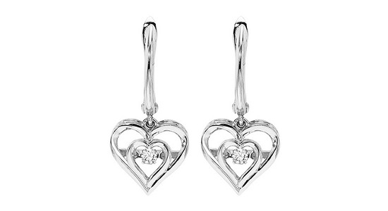 a pair of heart shaped sterling silver drop earrings with diamonds.