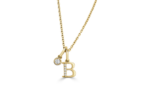 A simple yet elegant initial necklace from Frederic Sage with a letter B pendant, available at Michael Agnello Jewelers.