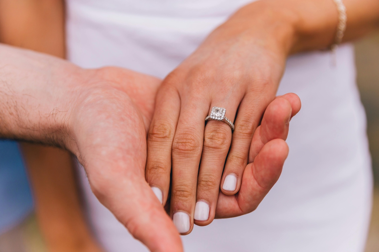 A man’s hand holding a woman’s that is adorned with a princess cut engagement ring.