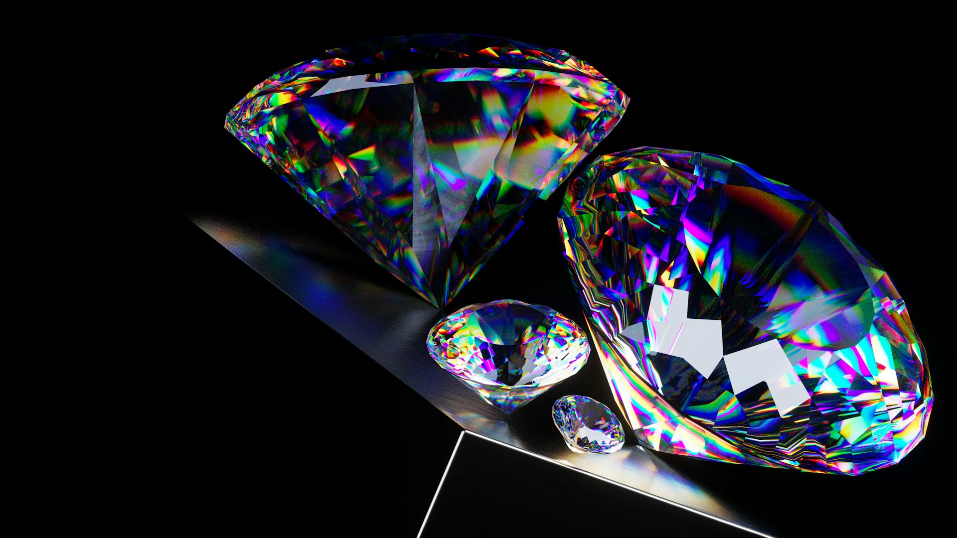 A close-up of dazzling diamonds with colorful facets on a black backdrop.